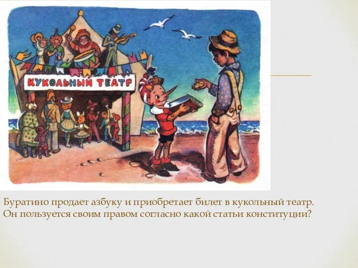 Буратино продает азбуку и приобретает билет в кукольный театр. Он пользуется своим