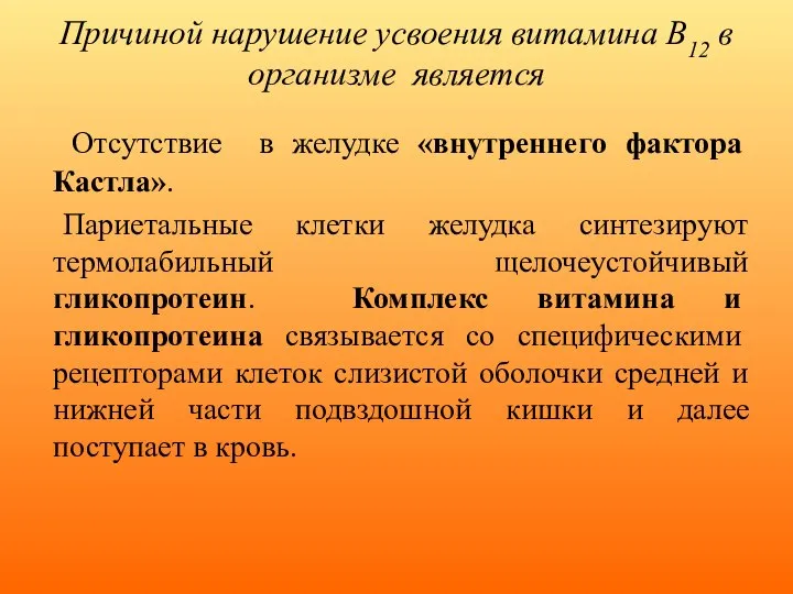 Причиной нарушение усвоения витамина В12 в организме является Отсутствие в желудке «внутреннего