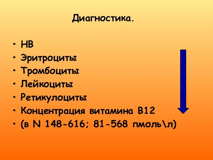 Диагностика. НВ Эритроциты Тромбоциты Лейкоциты Ретикулоциты Концентрация витамина В12 (в N 148-616; 81-568 пмоль\л)