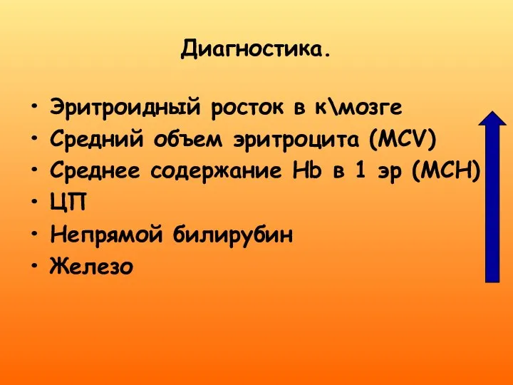 Диагностика. Эритроидный росток в к\мозге Средний объем эритроцита (MCV) Среднее содержание Hb