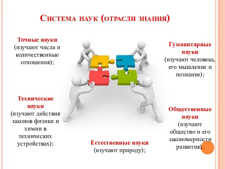 Система наук (отрасли знания) Точные науки (изучают числа и количественные отношения); Технические