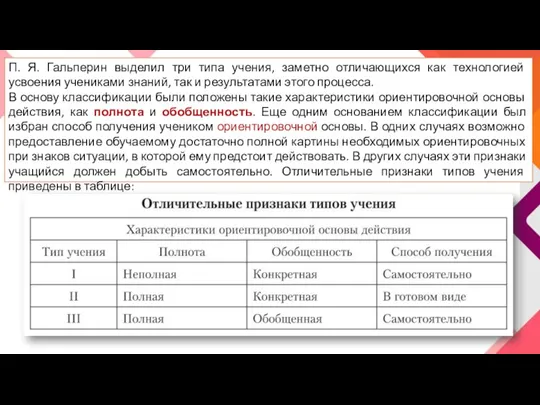 П. Я. Гальперин выделил три типа учения, заметно отличающихся как технологией усвоения