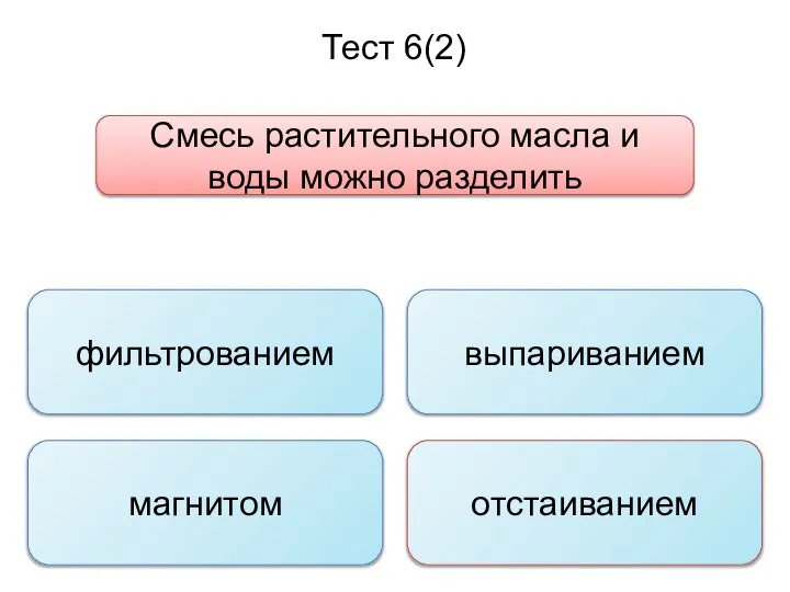 Тест 6(2) Смесь растительного масла и воды можно разделить фильтрованием магнитом отстаиванием выпариванием