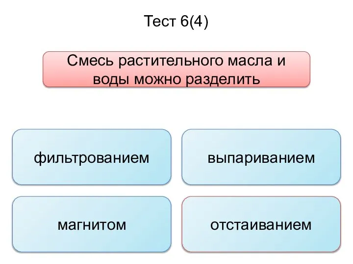 Тест 6(4) Смесь растительного масла и воды можно разделить фильтрованием магнитом отстаиванием выпариванием