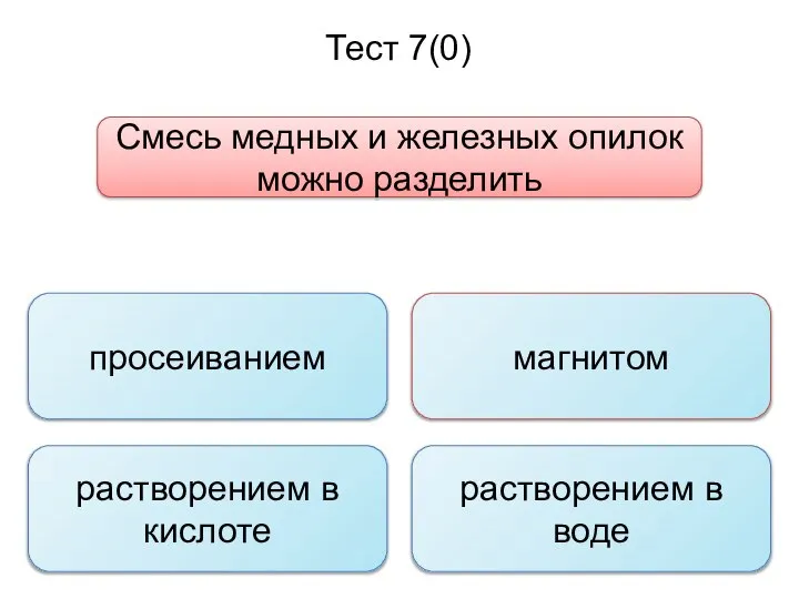 Тест 7(0) Смесь медных и железных опилок можно разделить просеиванием растворением в