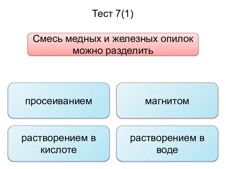 Тест 7(1) Смесь медных и железных опилок можно разделить просеиванием растворением в