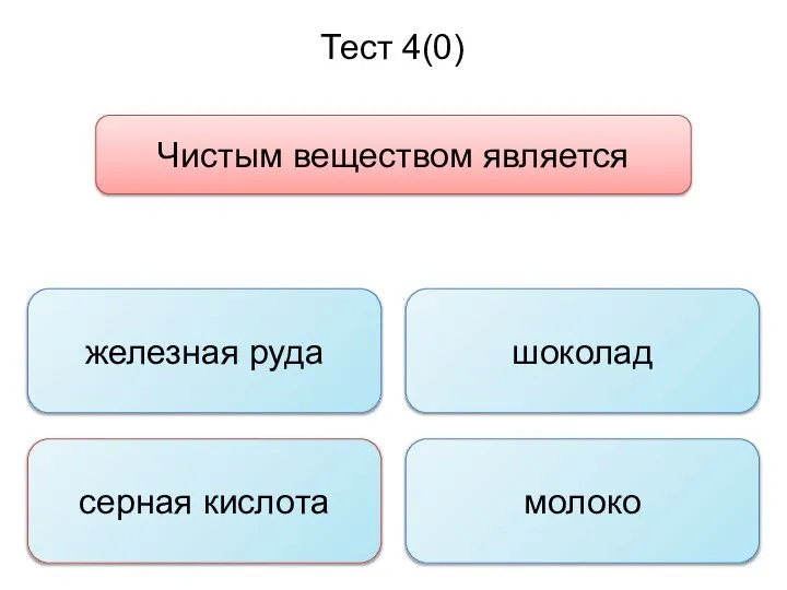 Тест 4(0) Чистым веществом является железная руда серная кислота молоко шоколад