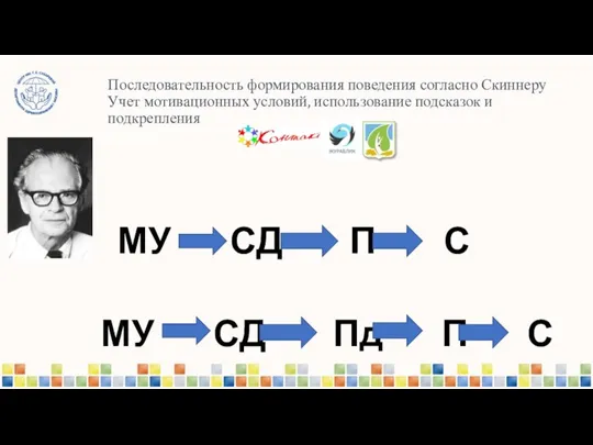 Последовательность формирования поведения согласно Скиннеру Учет мотивационных условий, использование подсказок и подкрепления