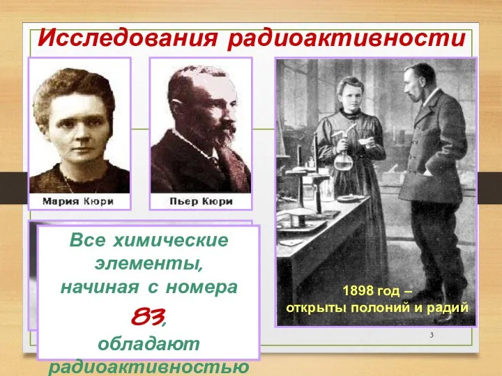 Исследования радиоактивности 1898 год – открыты полоний и радий Все химические элементы,