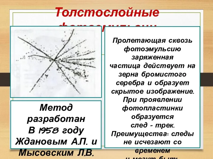 Толстослойные фотоэмульсии Метод разработан В 1958 году Ждановым А.П. и Мысовским Л.В.