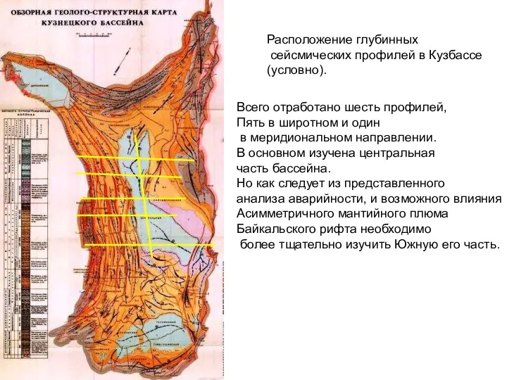 Расположение глубинных сейсмических профилей в Кузбассе (условно). Всего отработано шесть профилей, Пять