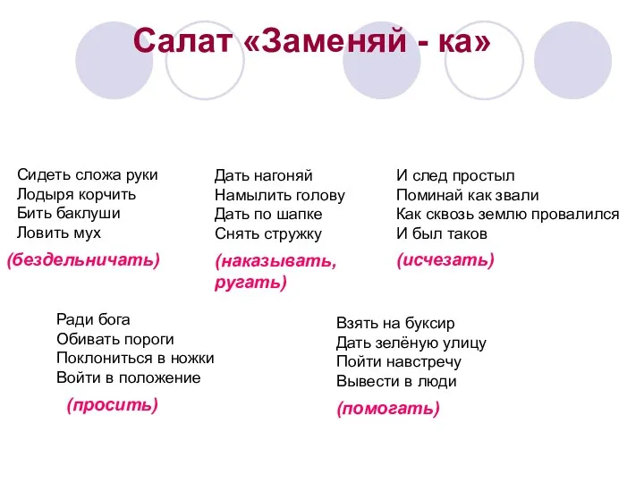 Салат «Заменяй - ка» Дать нагоняй Намылить голову Дать по шапке Снять