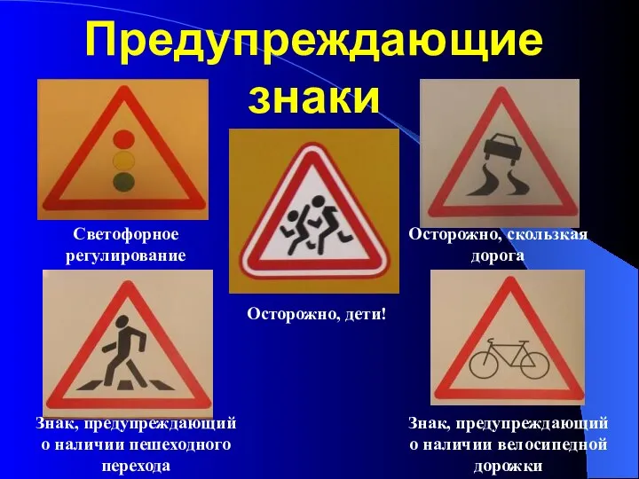 Предупреждающие знаки Знак, предупреждающий о наличии пешеходного перехода Знак, предупреждающий о наличии
