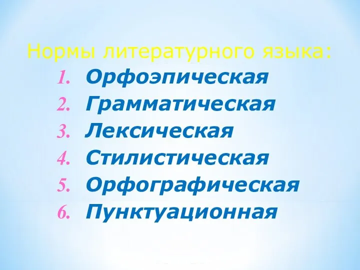 Нормы литературного языка: Орфоэпическая Грамматическая Лексическая Стилистическая Орфографическая Пунктуационная