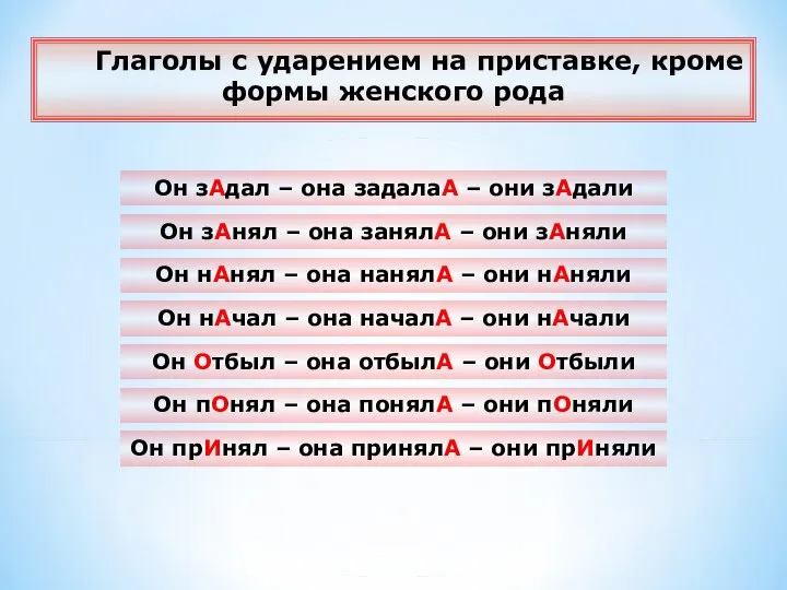 Он зАдал – она задалаА – они зАдали Он нАчал – она