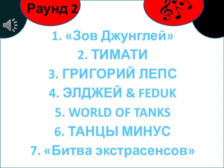 1. «Зов Джунглей» 2. ТИМАТИ 3. ГРИГОРИЙ ЛЕПС 4. ЭЛДЖЕЙ & FEDUK