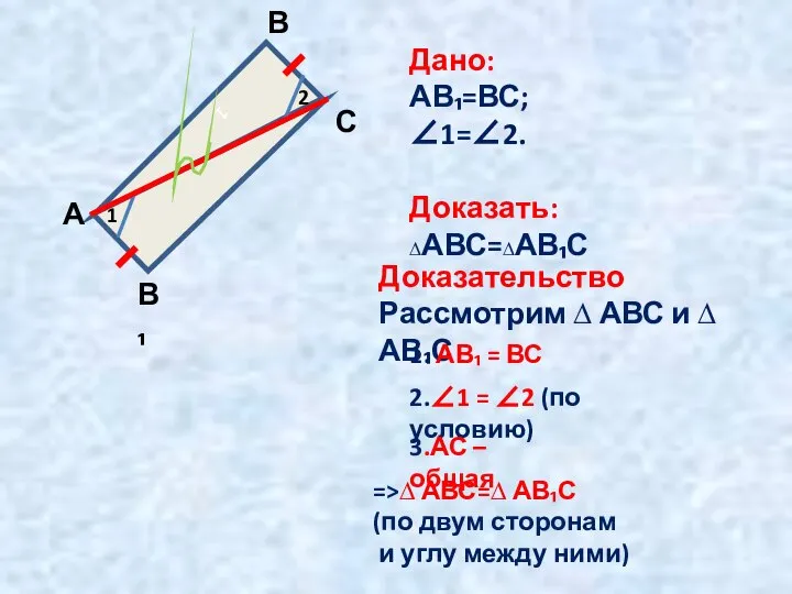 1 1 2 А В С В₁ Дано: АВ₁=ВС; ∠1=∠2. Доказать: ∆АВС=∆АВ₁С