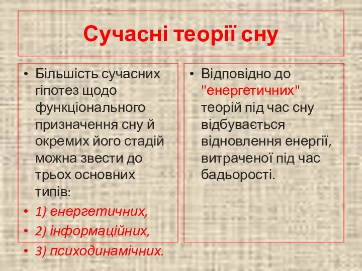 Сучасні теорії сну Більшість сучасних гіпотез щодо функціонального призначення сну й окремих