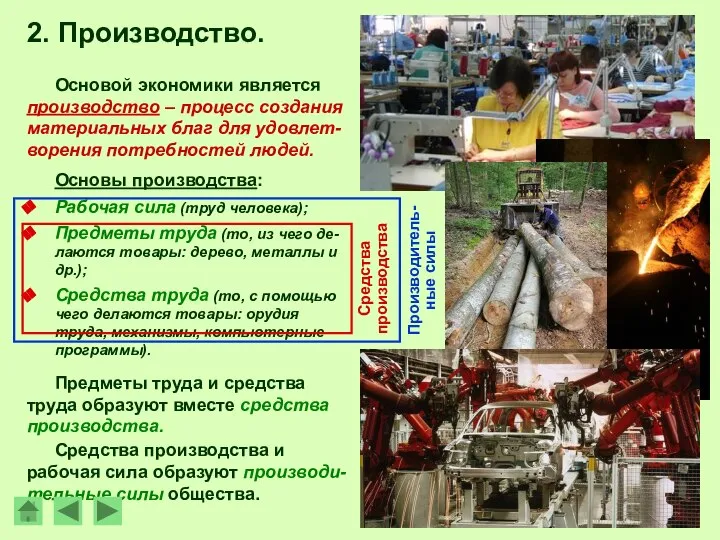 2. Производство. Основой экономики является производство – процесс создания материальных благ для