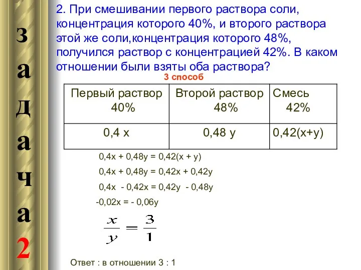 3 способ 0,4х + 0,48y = 0,42(х + у) 0,4х + 0,48у