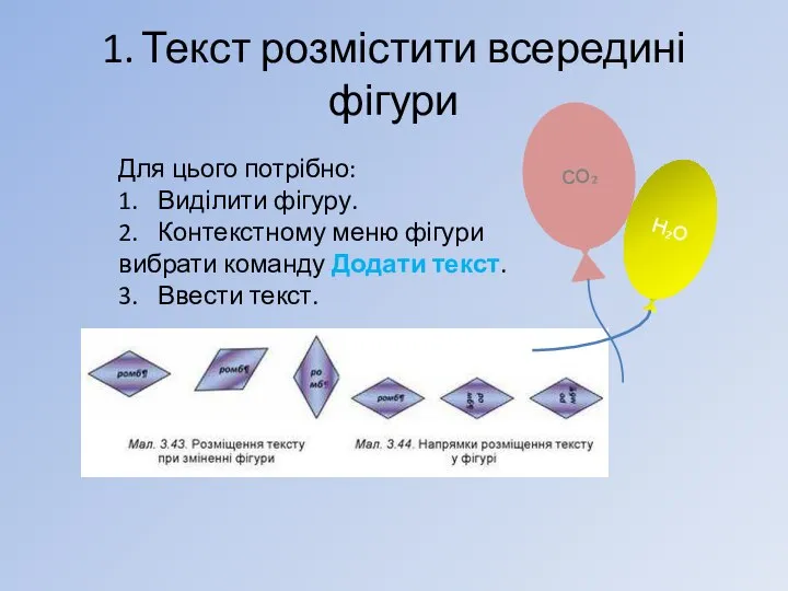 1. Текст розмістити всередині фігури Для цього потрібно: 1. Виділити фігуру. 2.