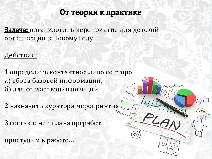 . От теории к практике Задача: организовать мероприятие для детской организации к