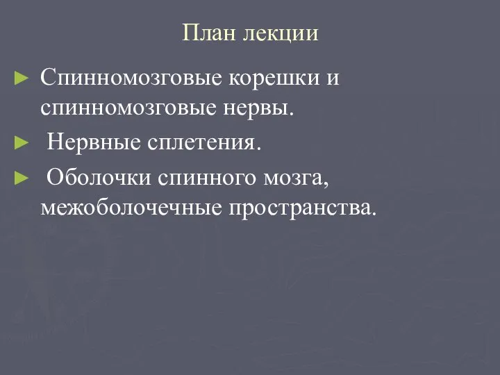 План лекции Спинномозговые корешки и спинномозговые нервы. Нервные сплетения. Оболочки спинного мозга, межоболочечные пространства.