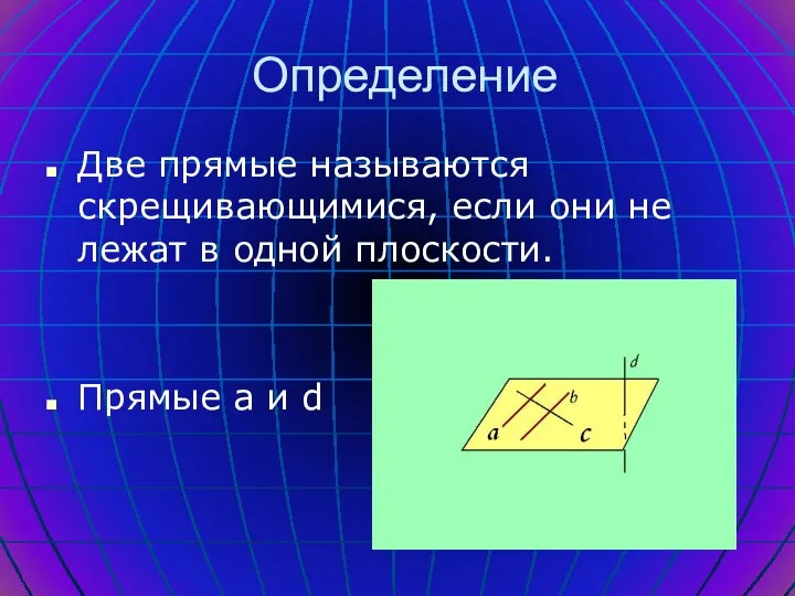 Определение Две прямые называются скрещивающимися, если они не лежат в одной плоскости. Прямые a и d