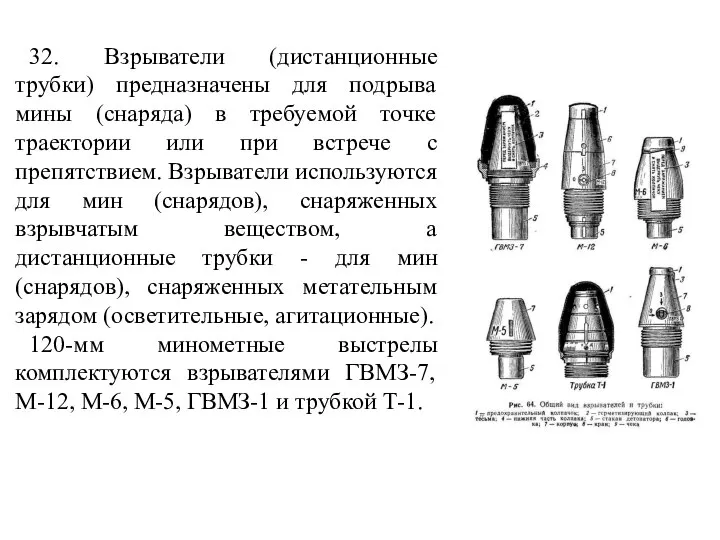 32. Взрыватели (дистанционные трубки) предназначены для подрыва мины (снаряда) в требуемой точке