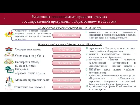 Реализация национальных проектов в рамках государственной программы «Образование» в 2020 году Национальный