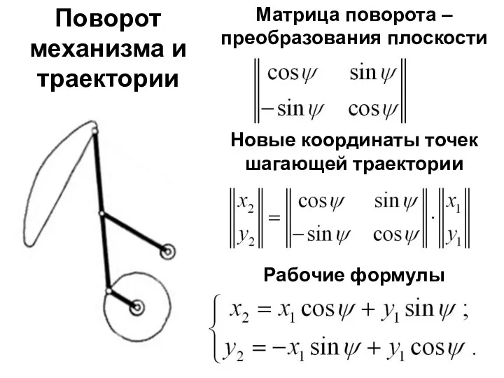 Поворот механизма и траектории Матрица поворота – преобразования плоскости Новые координаты точек шагающей траектории Рабочие формулы