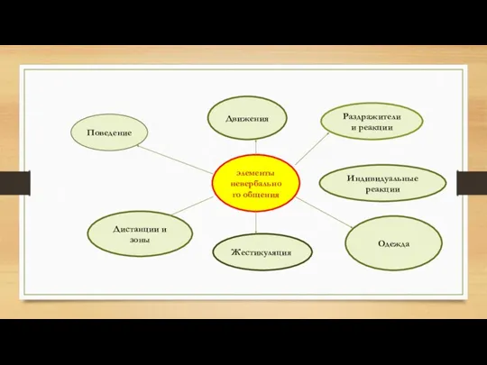 элементы невербального общения Поведение Раздражители и реакции Движения Дистанции и зоны Индивидуальные реакции Жестикуляция. Одежда