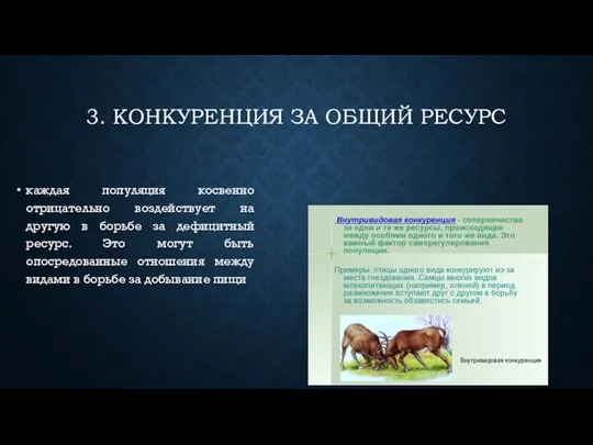 3. КОНКУРЕНЦИЯ ЗА ОБЩИЙ РЕСУРС каждая популяция косвенно отрицательно воздействует на другую