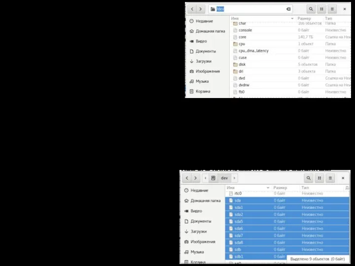 Диски в ОС Все подключённые к ОС устройства размещаются в каталоге /dev/