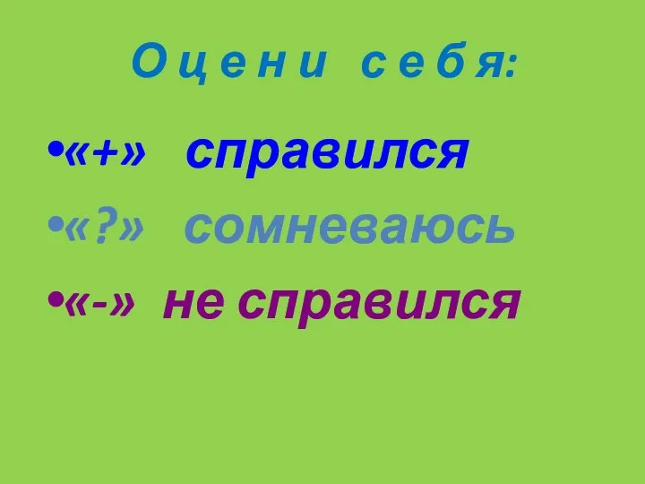 О ц е н и с е б я: «+» справился «?» сомневаюсь «-» не справился