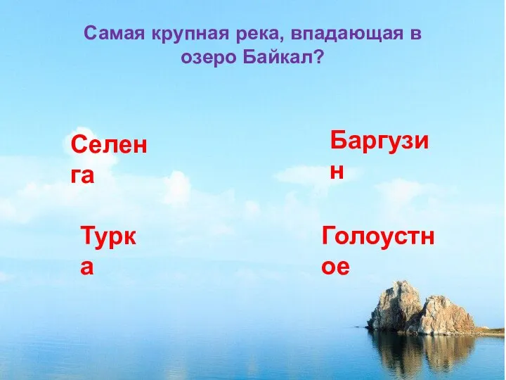 Самая крупная река, впадающая в озеро Байкал? Селенга Баргузин Турка Голоустное