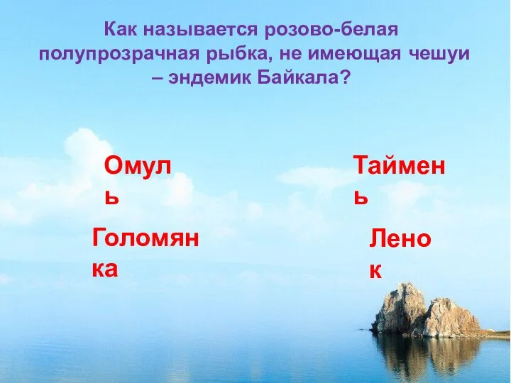 Как называется розово-белая полупрозрачная рыбка, не имеющая чешуи – эндемик Байкала? Ленок Омуль Таймень Голомянка