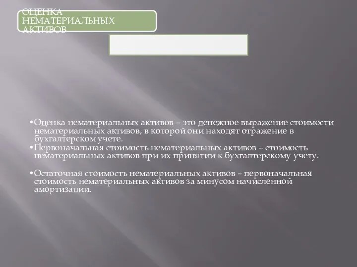 ОЦЕНКА НЕМАТЕРИАЛЬНЫХ АКТИВОВ Оценка нематериальных активов – это денежное выражение стоимости нематериальных