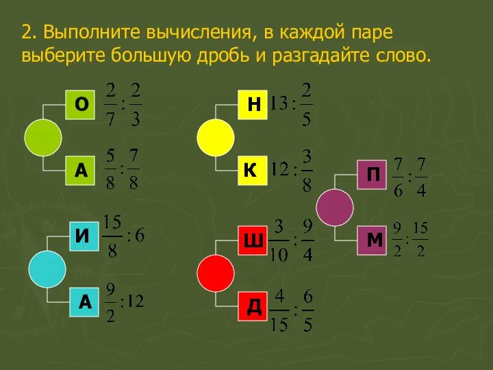 2. Выполните вычисления, в каждой паре выберите большую дробь и разгадайте слово.