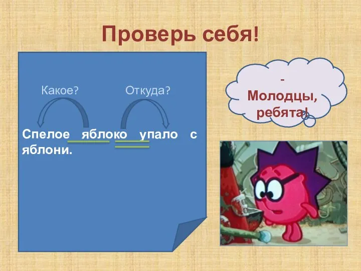 Проверь себя! Какое? Откуда? Спелое яблоко упало с яблони. - Молодцы, ребята!