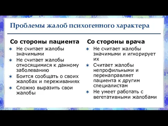 Проблемы жалоб психогенного характера Со стороны пациента Не считает жалобы значимыми Не