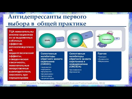 ТЦА нежелательны многим пациентам из-за выраженных побочных эффектов: антихолинергический, кардиотоксический эффекты, поведенческая