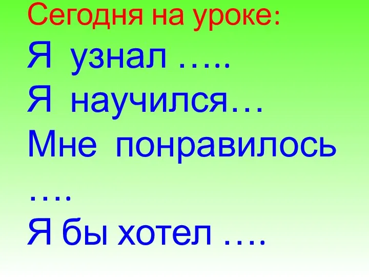 Сегодня на уроке: Я узнал ….. Я научился… Мне понравилось …. Я бы хотел ….