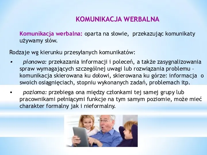 KOMUNIKACJA WERBALNA Komunikacja werbalna: oparta na słowie, przekazując komunikaty używamy słów. Rodzaje