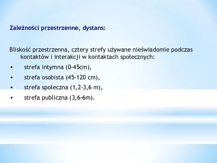 Zależności przestrzenne, dystans: Bliskość przestrzenna, cztery strefy używane nieświadomie podczas kontaktów i