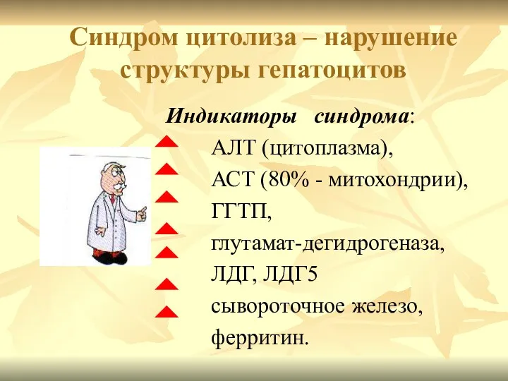 Синдром цитолиза – нарушение структуры гепатоцитов Индикаторы синдрома: АЛТ (цитоплазма), АСТ (80%