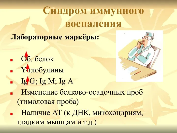 Синдром иммунного воспаления Лабораторные маркёры: Об. белок Y-глобулины Ig G; Ig М;