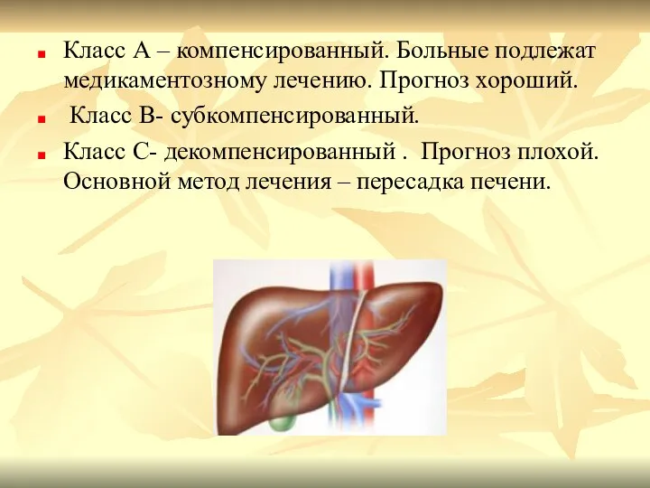 Класс А – компенсированный. Больные подлежат медикаментозному лечению. Прогноз хороший. Класс В-