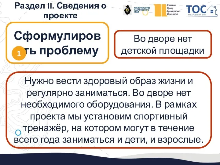 Раздел II. Сведения о проекте Во дворе нет детской площадки Нужно вести