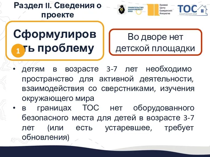 Раздел II. Сведения о проекте Во дворе нет детской площадки детям в